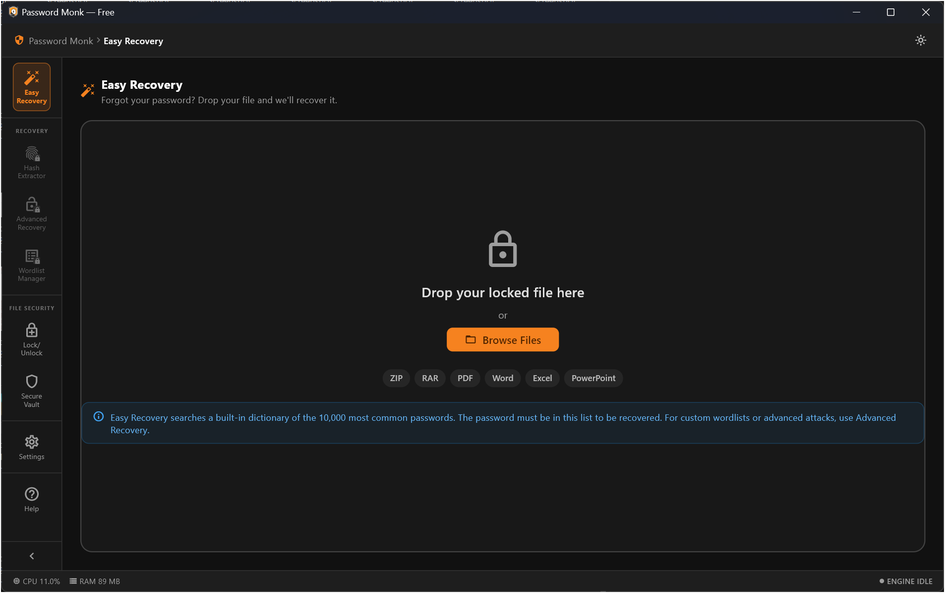 Password Monk — Easy Recovery workspace. Drop a locked ZIP, RAR, PDF, Word, Excel or PowerPoint file to recover its password.
